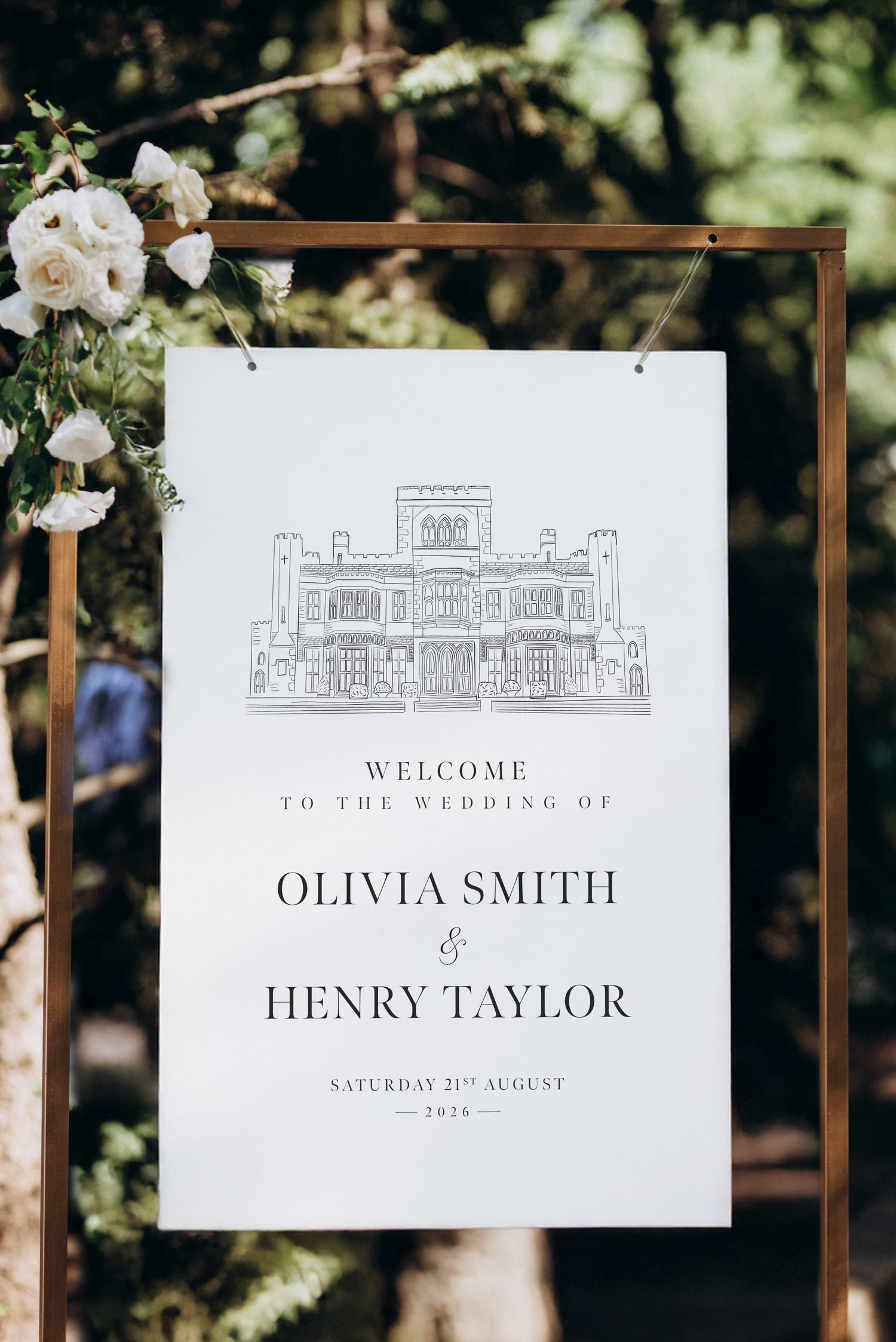Wedding welcome sign with illustrated venue and elegant typography for personalised wedding signage
