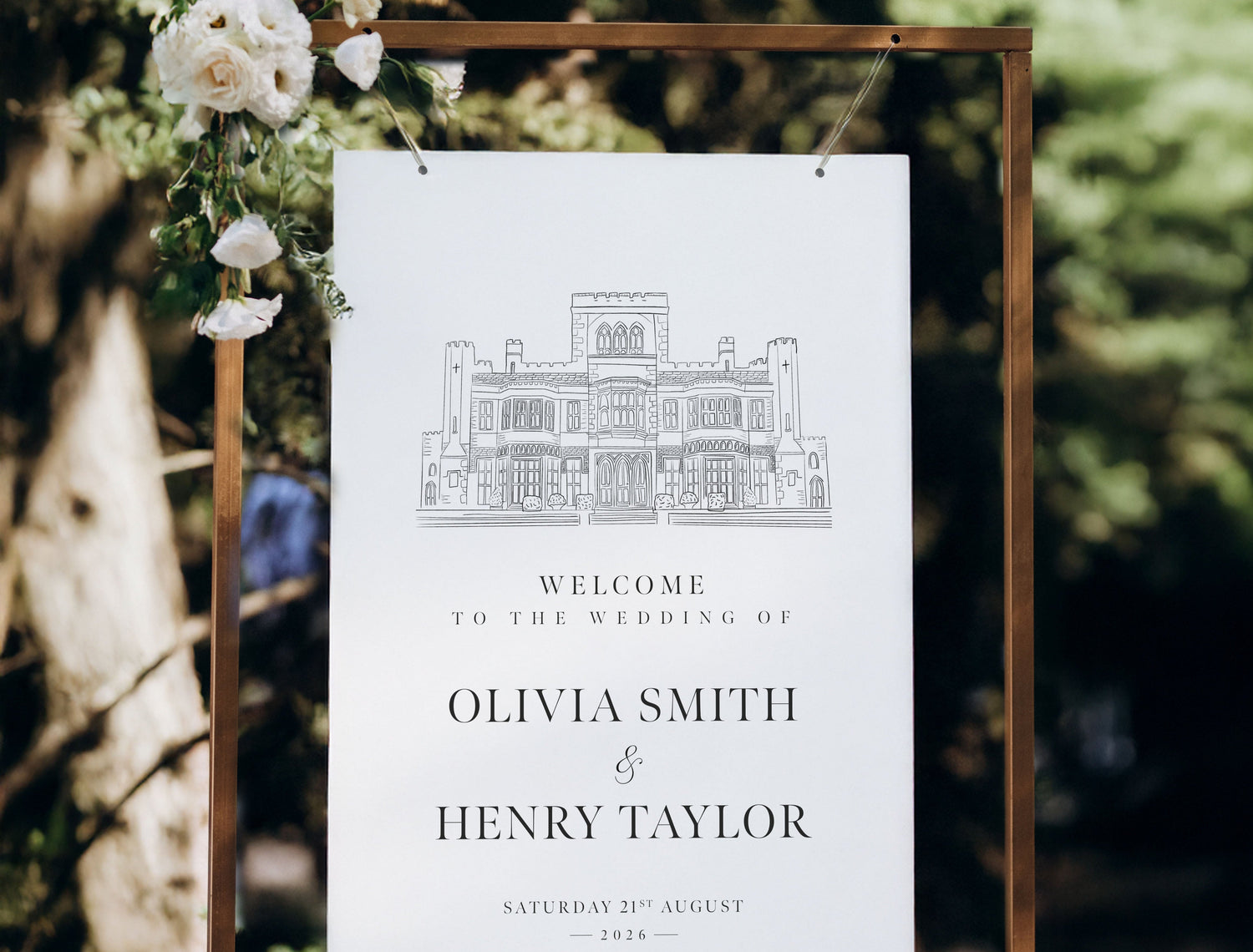 Wedding welcome sign with illustrated venue and elegant typography for personalised wedding signage