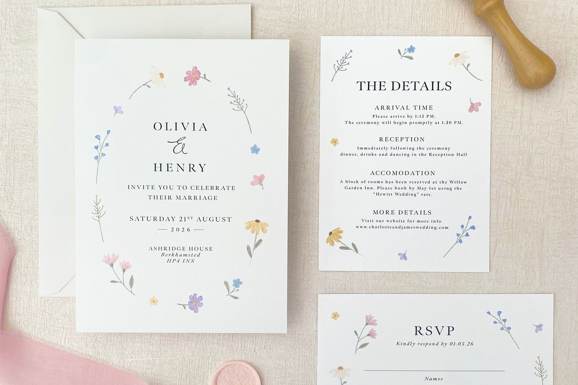 Customizable wildflower invitation template with elegant calligraphy and floral details