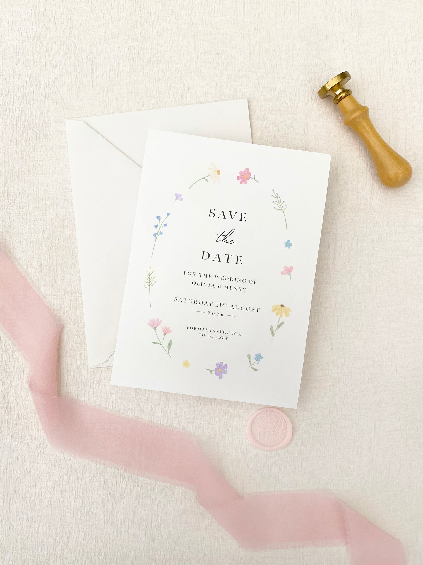 Wildflower save the date idea for spring wedding, feminine floral design with natural botanical details