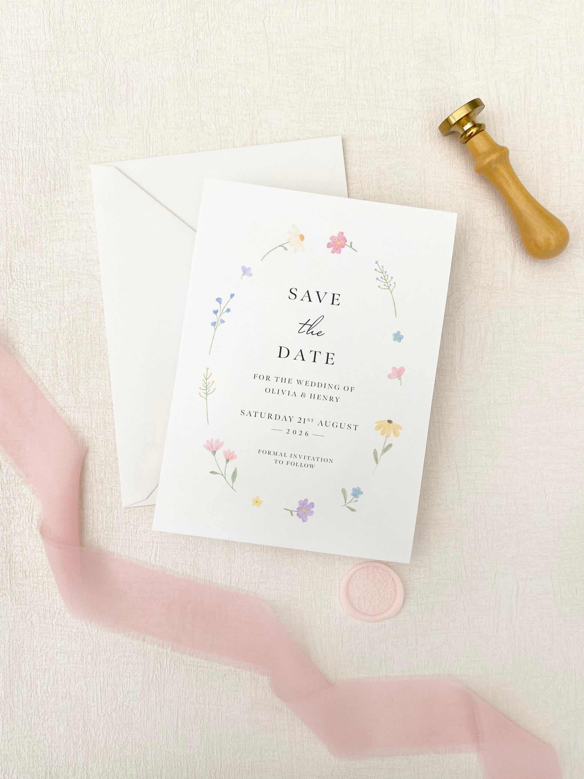 Wildflower save the date idea for spring wedding, feminine floral design with natural botanical details