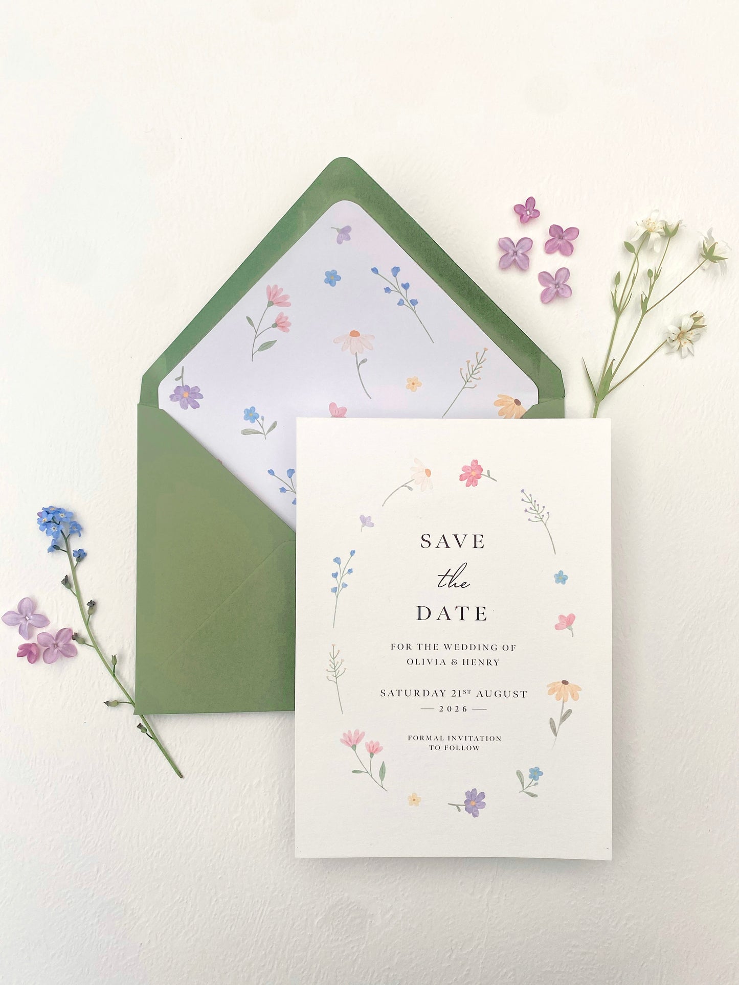 Wildflower save the date card with spring flower wedding invitation design, soft romantic floral style