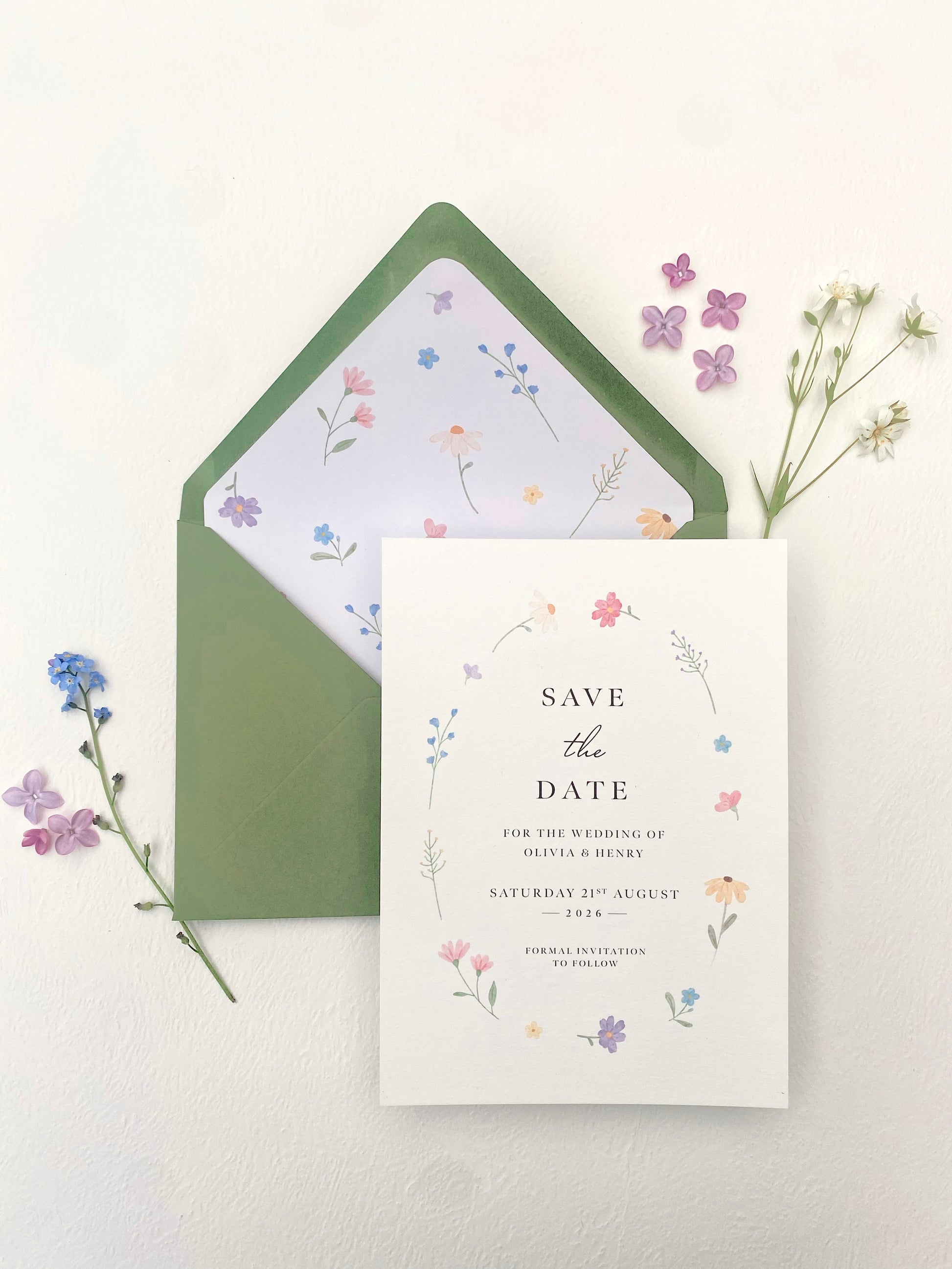 Wildflower save the date card with spring flower wedding invitation design, soft romantic floral style