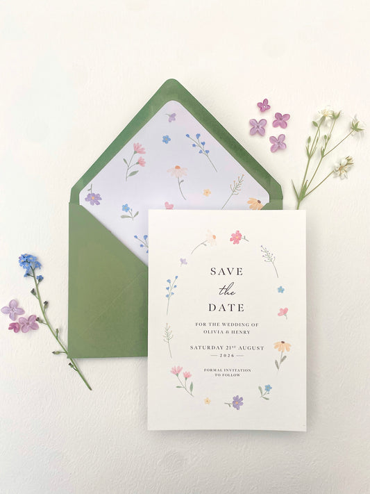 Wildflower save the date card with spring flower wedding invitation design, soft romantic floral style