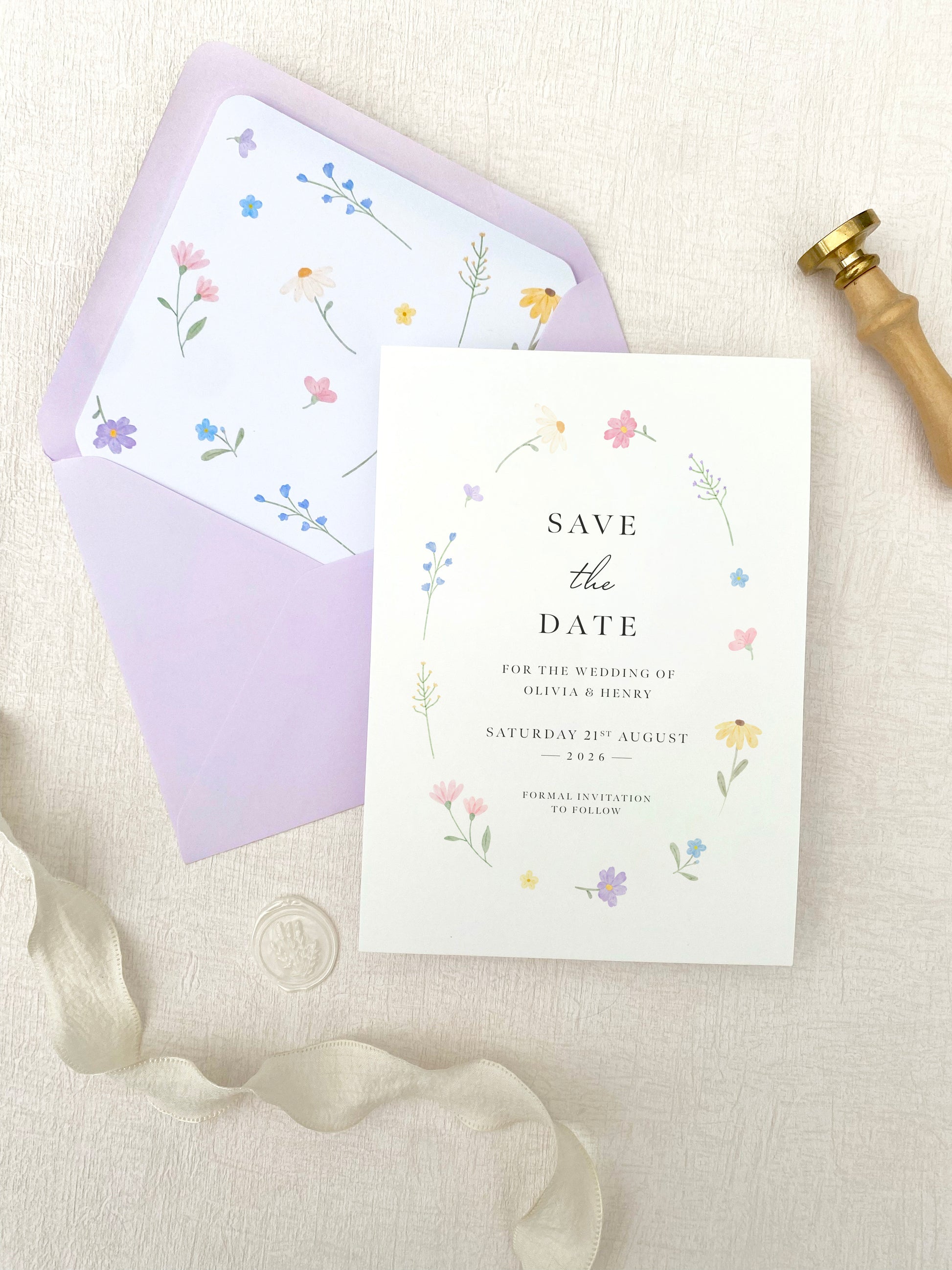 Spring flower wedding save the date with wildflower illustration, soft modern romantic stationery