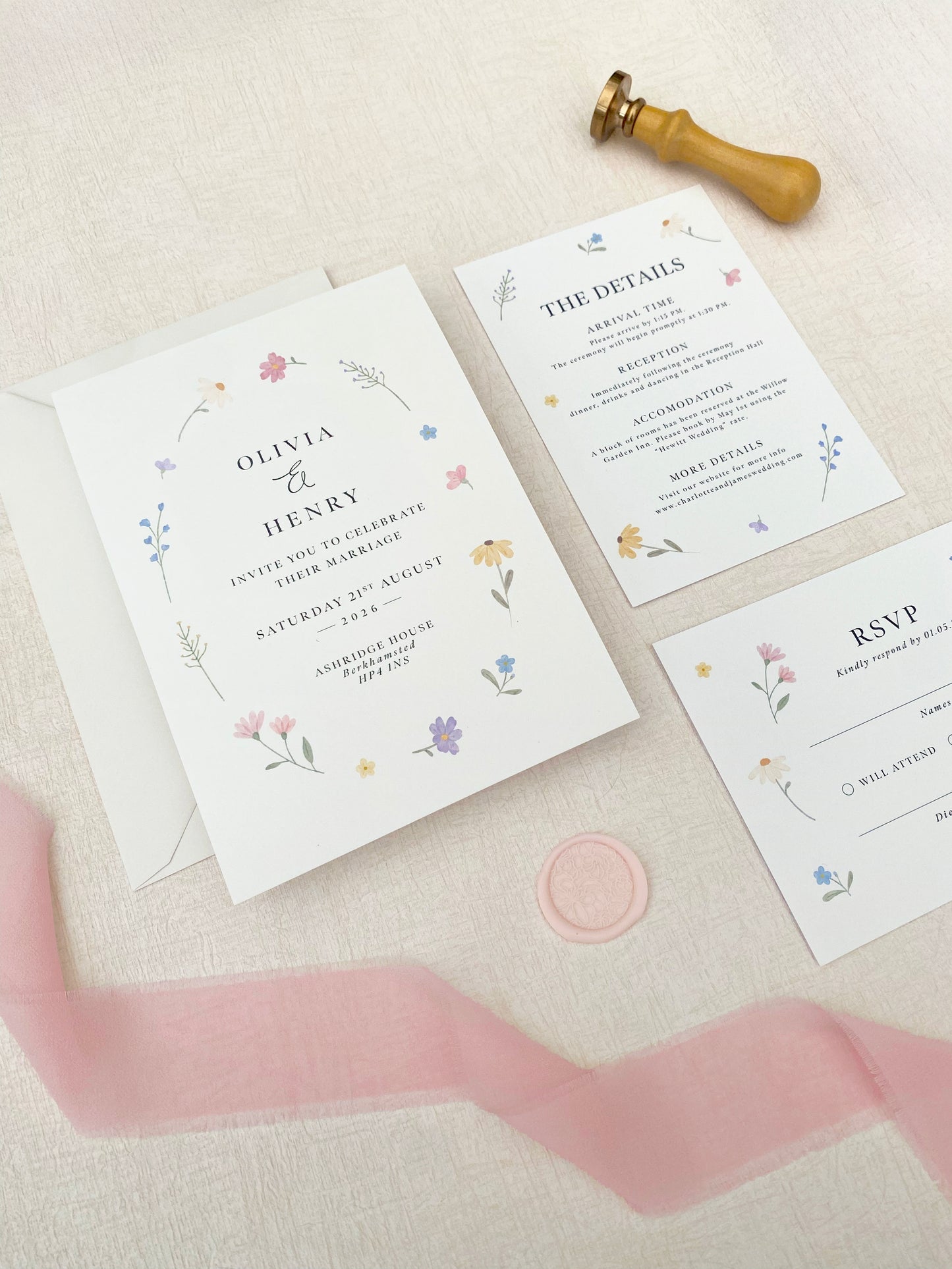 Complete wildflower invitation suite including RSVP, details card, and envelope