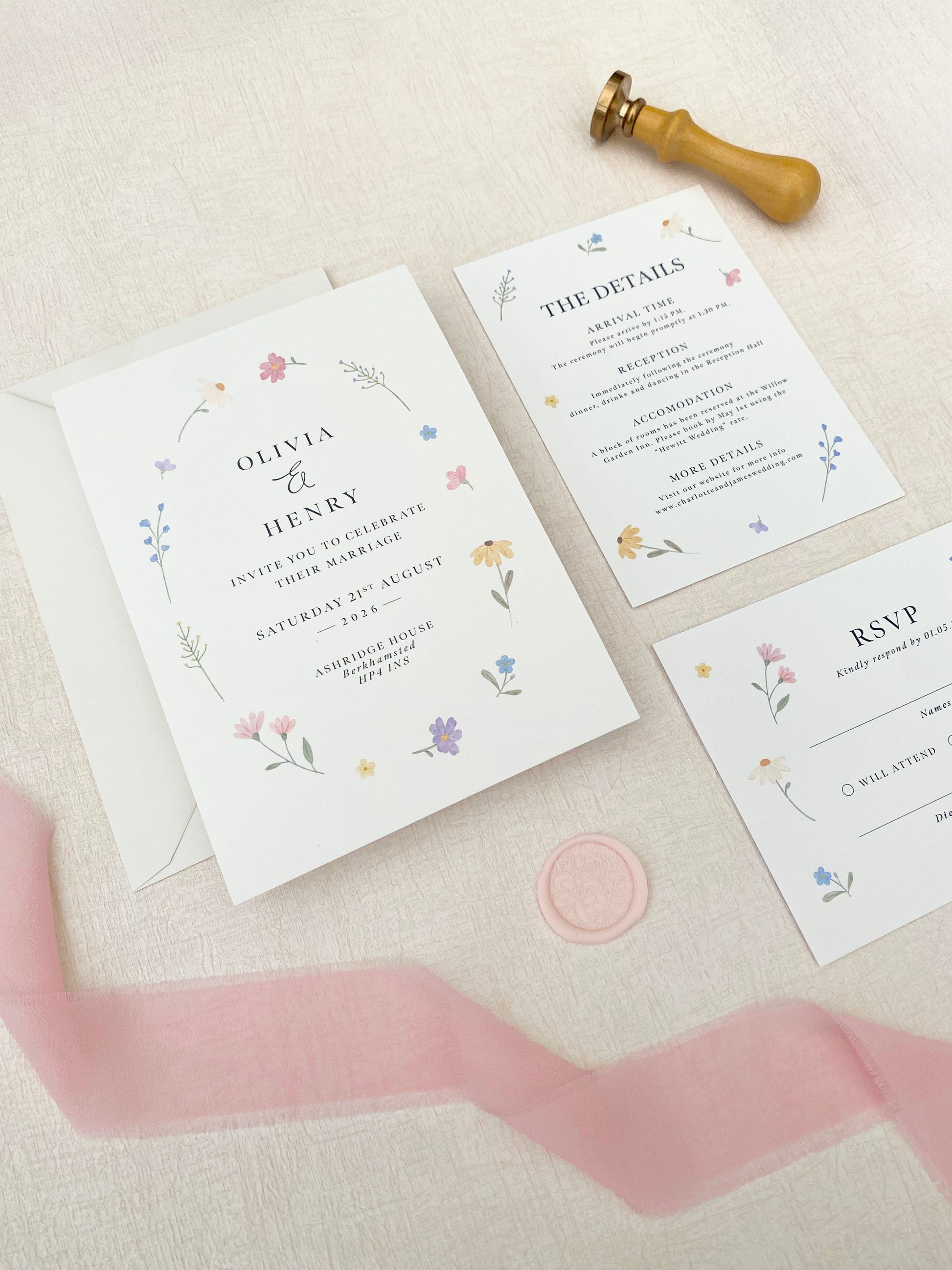 Complete wildflower invitation suite including RSVP, details card, and envelope